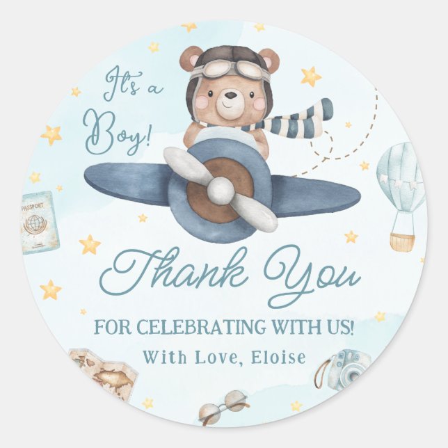 Adventure Cute Bear Blue Plane Boy Baby Shower Classic Round Sticker (Front)