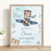 Adventure Cute Bear Blue Plane Boy Baby Shower