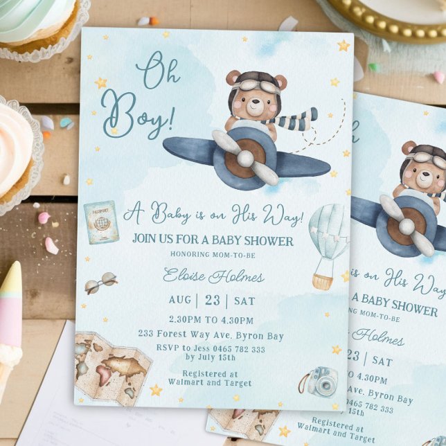 Adventure Cute Bear Blue Plane Oh Boy Baby Shower Invitation (Creator Uploaded)