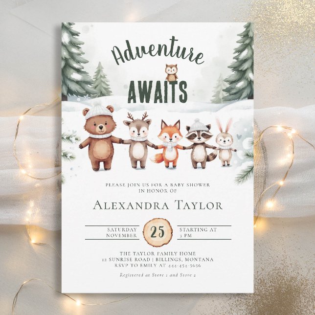 Adventure Cute Woodland Animals Winter Baby Shower Invitation (winter baby shower invitation adventure awaits woodland animals cute watercolor forest)