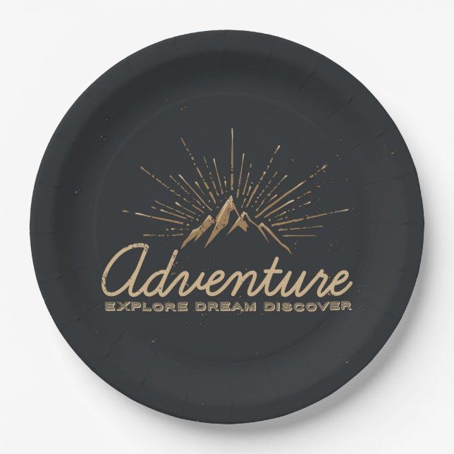 Adventure Explore Dream Discover Typography Paper Plate (Front)