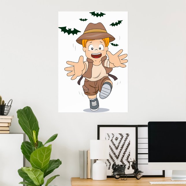 Adventure Explorer Kid Running from Bats Poster (Creator Uploaded)