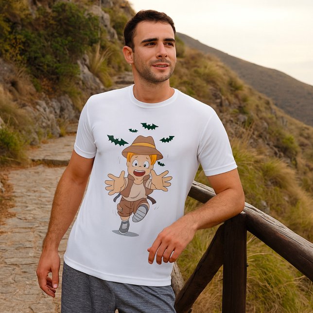 Adventure Explorer Kid Running from Bats T-Shirt (Creator Uploaded)