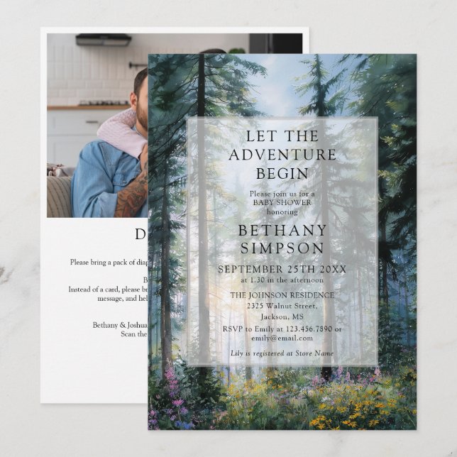 Adventure Floral Forest Photo QR Code Baby Shower Invitation (Front/Back)