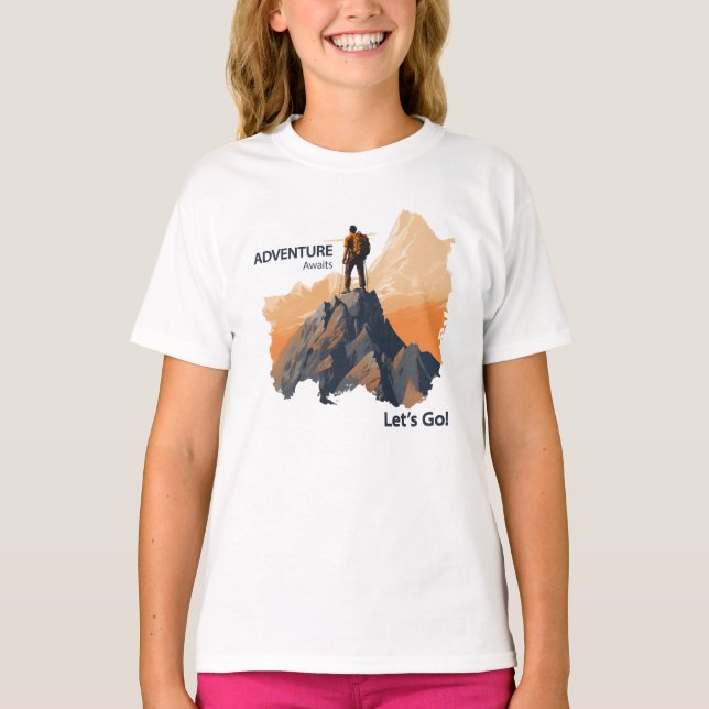 Adventure Hiking, Adventure Awaits, Let’s Go! T-Shirt (Front)