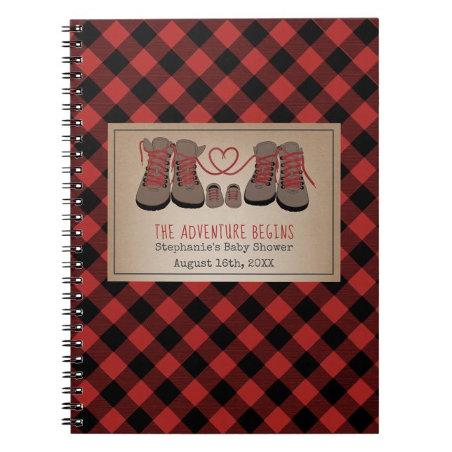 Adventure Hiking Boots Plaid Baby Shower Guestbook Notebook (Front)