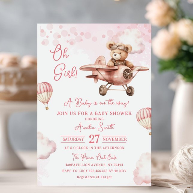 Adventure Hot Air Balloon Cute Bear Baby Shower Invitation (Creator Uploaded)