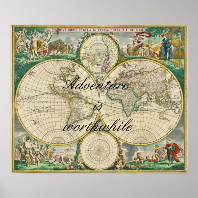 Adventure Is Worthwhile Old World Map Travel Quote Poster (Front)