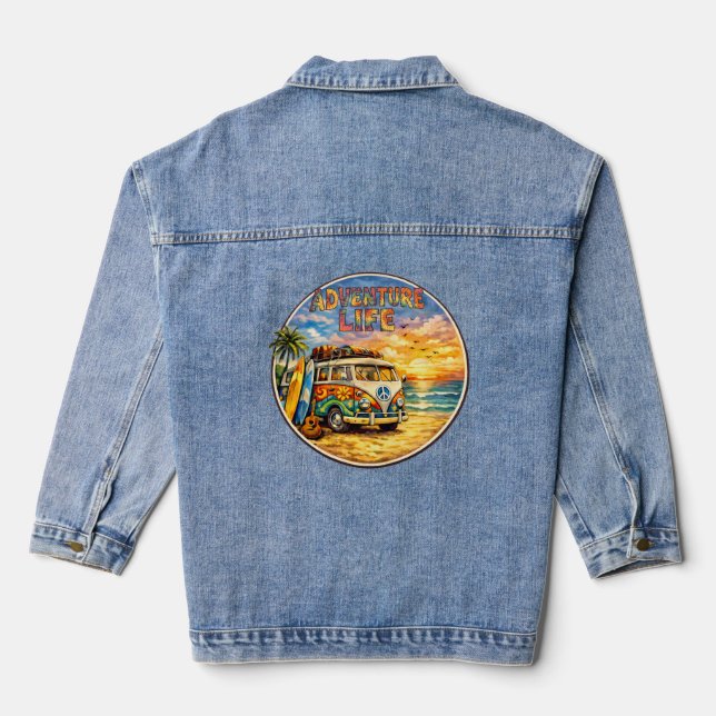 Adventure Life Retro Hippie Beach Sunset Graphic Denim Jacket (Back)