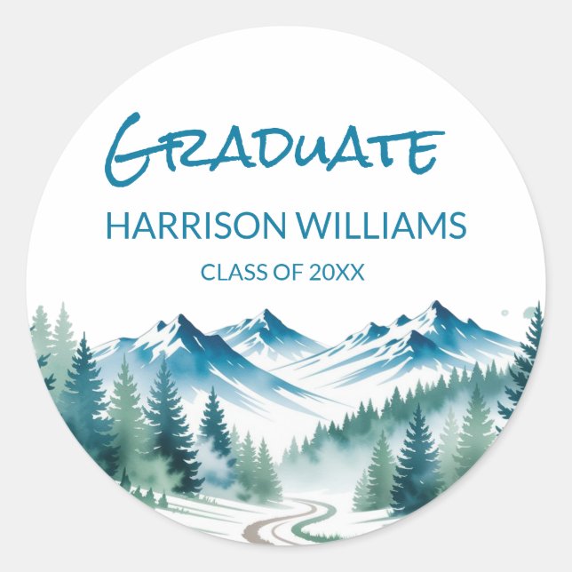 Adventure Mountain Grad Party Decor Classic Round Sticker (Front)