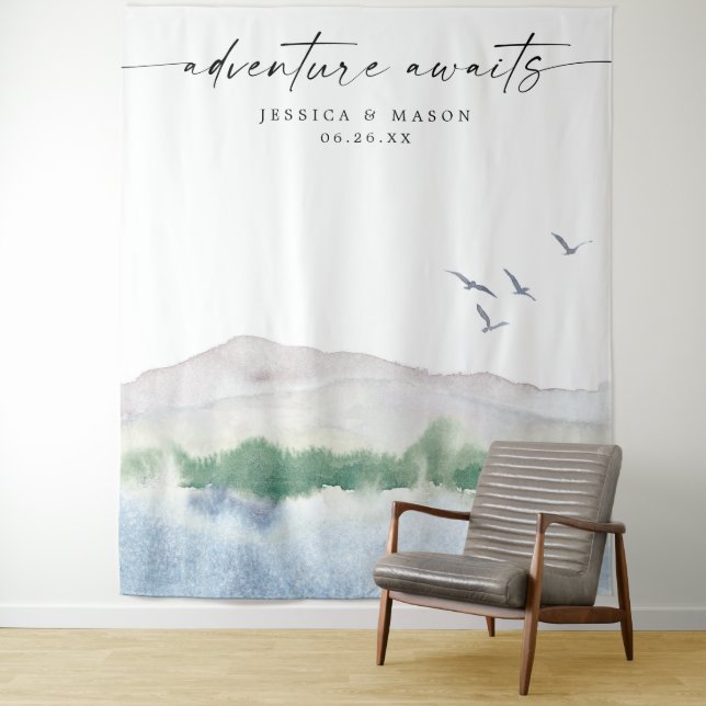 Adventure Mountain Lake Wedding Backdrop Photo Tapestry (In Situ)