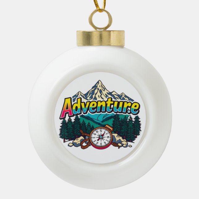 Adventure Mountain – Outdoor Hiking Nature Design  Ceramic Ball Christmas Ornament (Front)