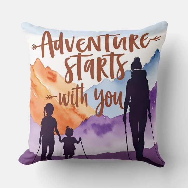 "Adventure Mum & Kids – Hiking Bond Art" Cushion (Front)