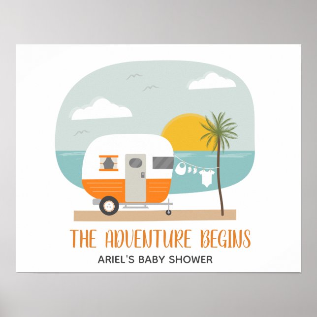 Adventure Orange Beach Camper Neutral Baby Shower Poster (Front)
