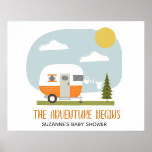 Adventure Orange Retro Camper Neutral Baby Shower Poster