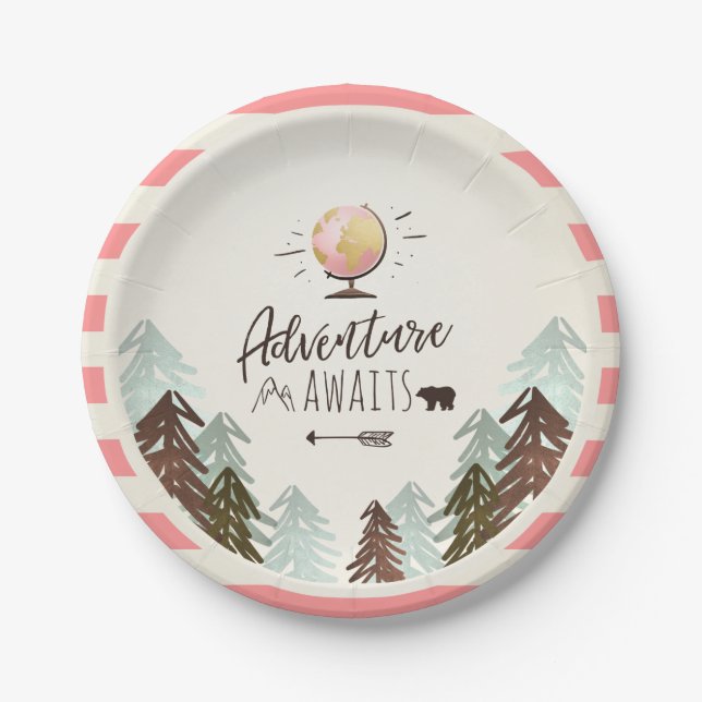 Adventure Paper Plates Travel Pink Girl Shower (Front)