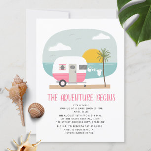 Adventure Pink Camper Beach Girl Baby Shower Invitation