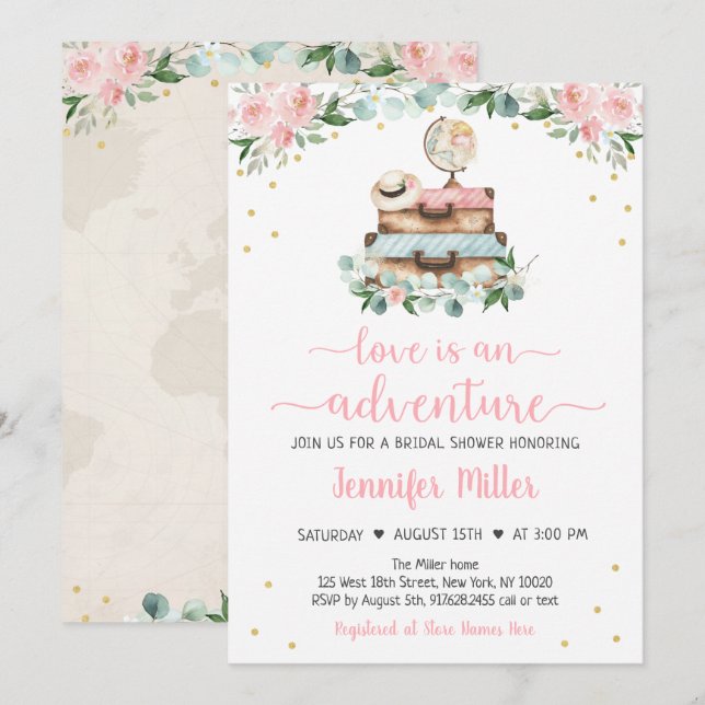 Adventure Pink Gold Floral Travel Bridal Shower In Invitation (Front/Back)