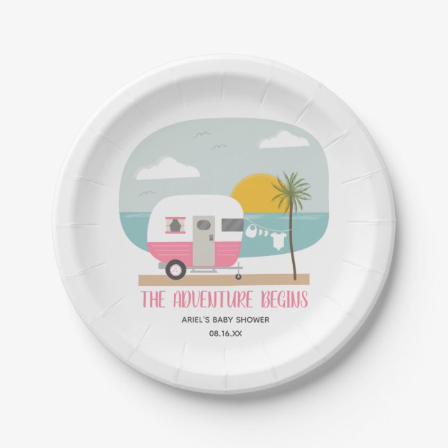 Adventure Pink Retro Beach Camper Girl Baby Shower Paper Plate (Front)