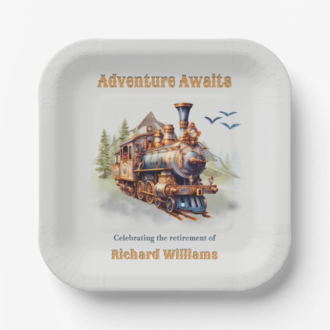 Adventure Retirement Vintage Train Mountains  Paper Plate (Front)
