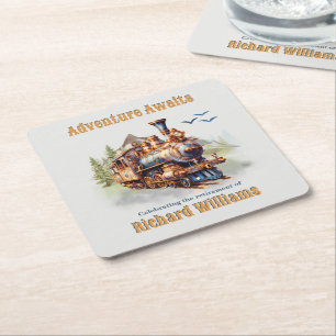 Adventure Retirement Vintage Train Mountains Square Paper Coaster