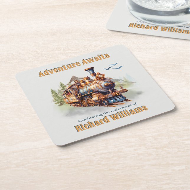 Adventure Retirement Vintage Train Mountains  Square Paper Coaster (Angled)