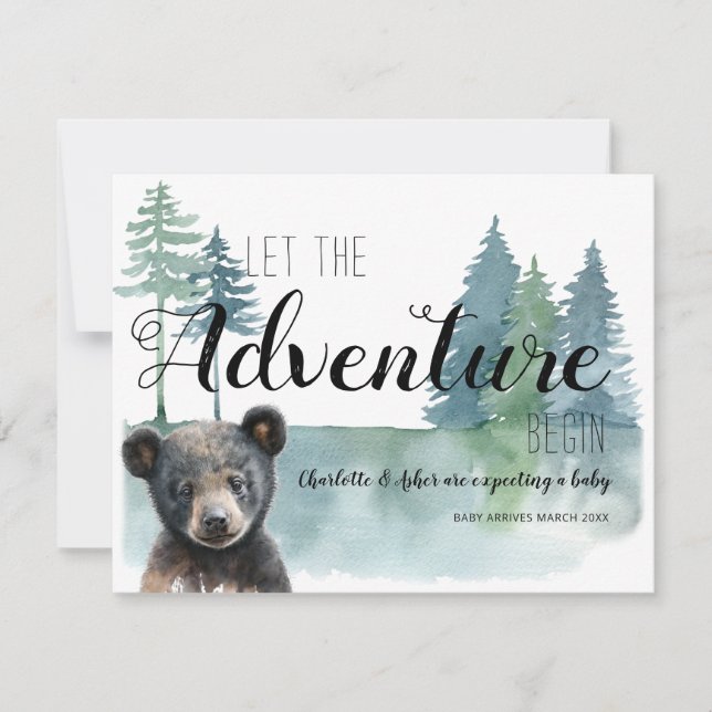 Adventure Rustic Watercolor Bear Pregnancy  Announcement (Front)