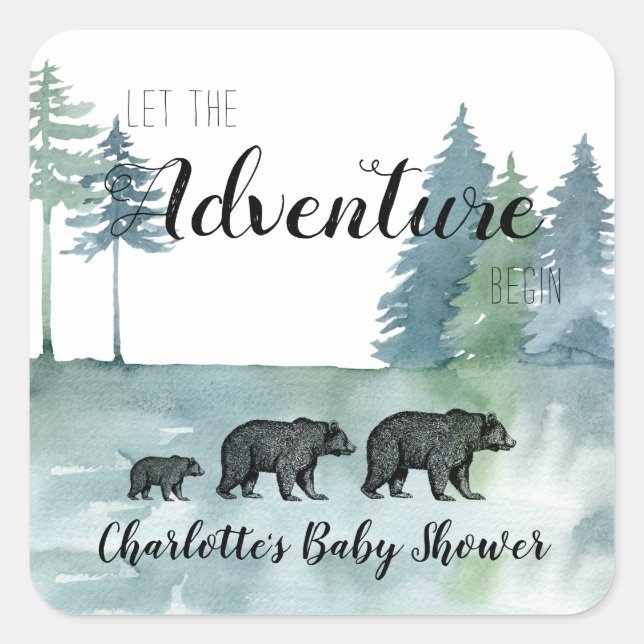 Adventure Rustic Watercolor Bears Baby Shower  Squ Square Sticker (Front)