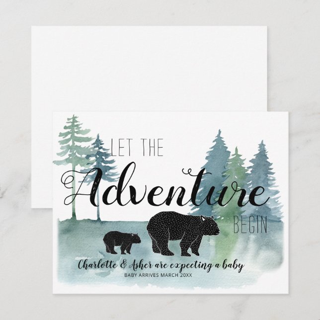 Adventure Rustic Watercolor Bears Pregnancy Announcement (Front/Back)