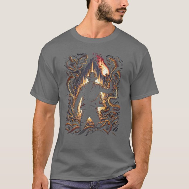 Adventure Seeker with Torch Amidst Snakes Adventur T-Shirt (Front)