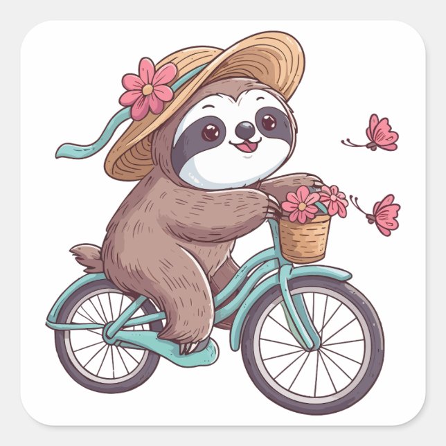Adventure Sloth on Bike, Cute Sloth On A Bike Ride Square Sticker (Front)
