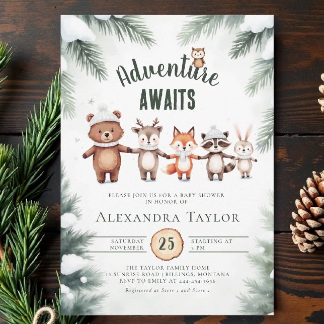 Adventure Snow Woodland Animals Winter Baby Shower Invitation (winter baby shower invitation adventure awaits woodland animals cute watercolor snow cold forest)