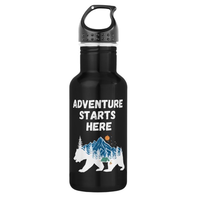 Adventure Starts Here Bear Silhouette Camping 532 Ml Water Bottle (Front)