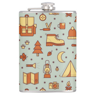 Adventure travel icons, seamless pattern. hip flask