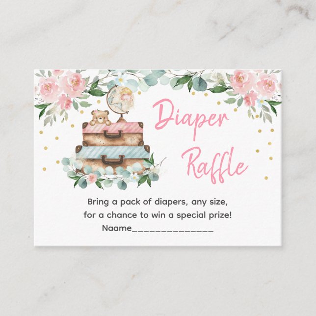Adventure Travel Pink Floral Baby Diaper Raffle Enclosure Card (Front)