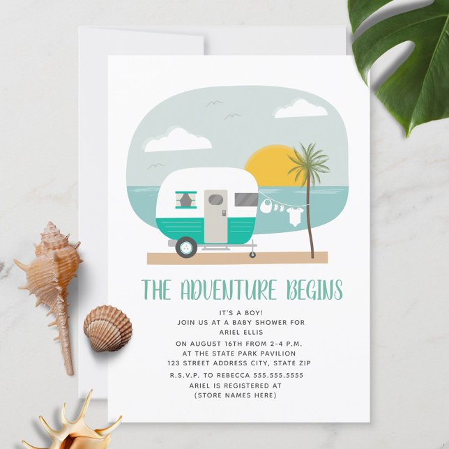 Adventure Turquoise Camper Beach Baby Shower Invitation (Creator Uploaded)