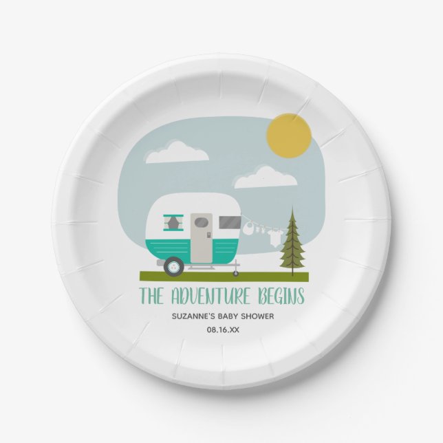 Adventure Turquoise Retro Camper Baby Shower Paper Plate (Front)