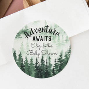 Adventure Watercolor Misty Forest Baby Shower Classic Round Sticker