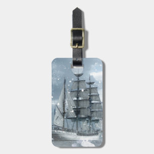 adventure winter snow storm vintage pirate ship luggage tag