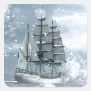 adventure winter snow storm vintage pirate ship square sticker