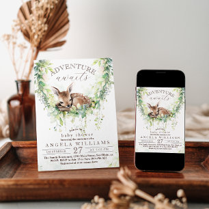 Adventure Woodland Deer Greenery Baby Shower Invitation