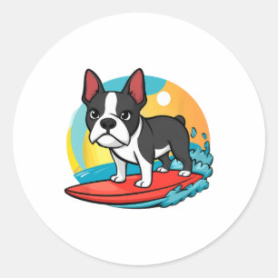 Adventurous Boston Terrier Dog Surfing Funny Surfe Classic Round Sticker