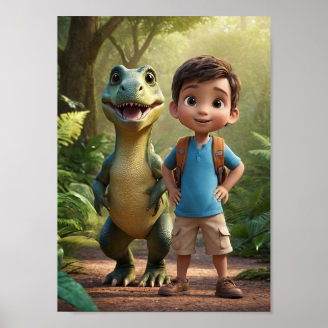 Adventurous Boy and Friendly Dinosaur Poster (Front)