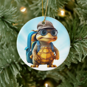 Adventurous Cute Little Turtle with Backpack, Cera Ceramic Tree Decoration