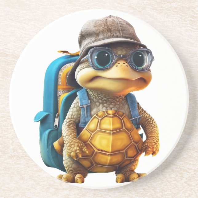 Adventurous Cute Little Turtle with Backpack, Coaster (Front)