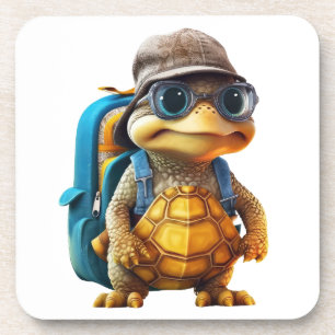 Adventurous Cute Little Turtle with Backpack, Coaster