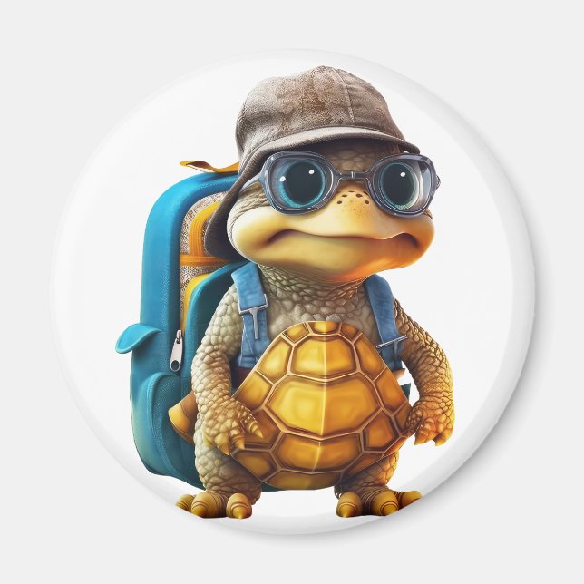 Adventurous Cute Little Turtle with Backpack, Magnet (Front)