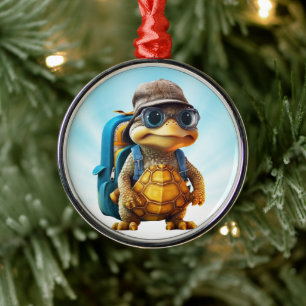 Adventurous Cute Little Turtle with Backpack, Metal Tree Decoration