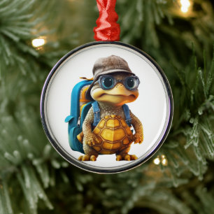 Adventurous Cute Little Turtle with Backpack, Metal Tree Decoration