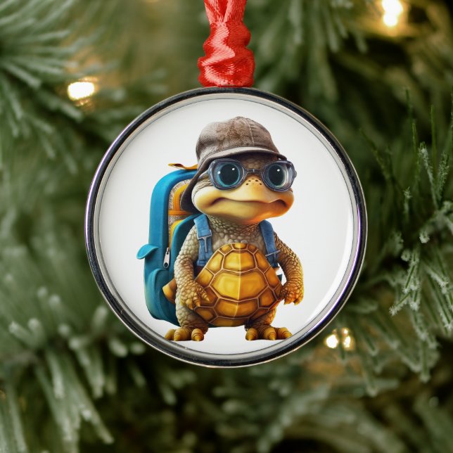 Adventurous Cute Little Turtle with Backpack, Metal Tree Decoration (Tree)